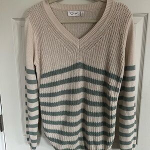 RD Style Beige & Green Striped Open-Knit V-Neck Sweater